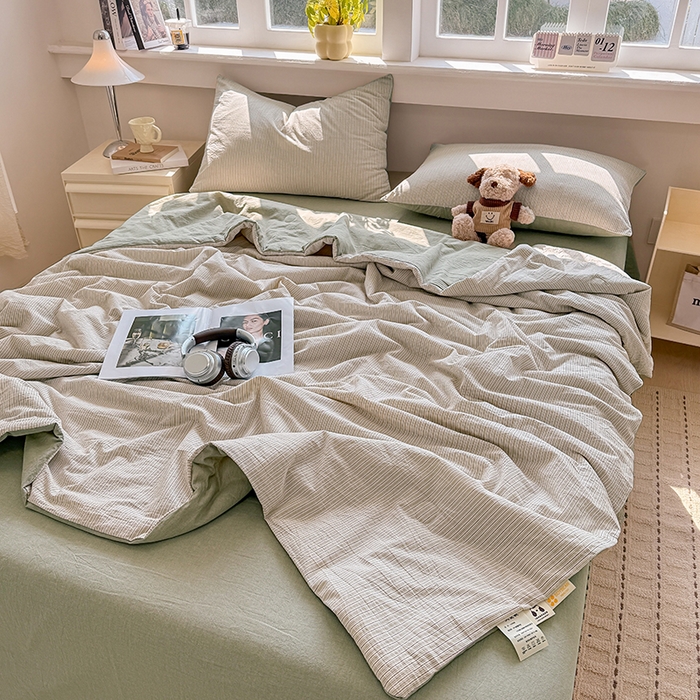 91家纺网 家纺一手货源 找家纺 梦依依 2026新款全棉色织水洗棉大豆被四件套系列 玛丽绿