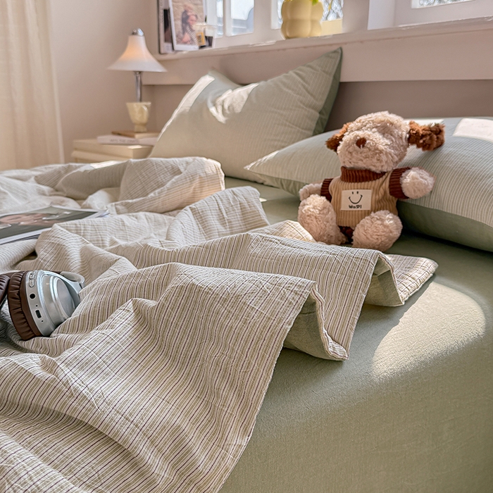 91家纺网 家纺一手货源 找家纺 梦依依 2026新款全棉色织水洗棉大豆被四件套系列 玛丽绿