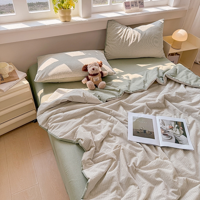 91家纺网 家纺一手货源 找家纺 梦依依 2026新款全棉色织水洗棉大豆被四件套系列 玛丽绿