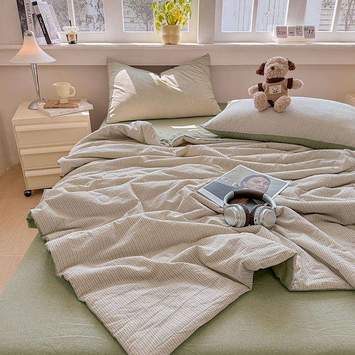 91家纺网 家纺一手货源 找家纺 梦依依 2026新款全棉色织水洗棉大豆被四件套系列 玛丽绿