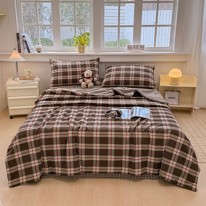 91家纺网 家纺一手货源 找家纺 梦依依 2026新款全棉色织水洗棉大豆被四件套系列 木槿咖