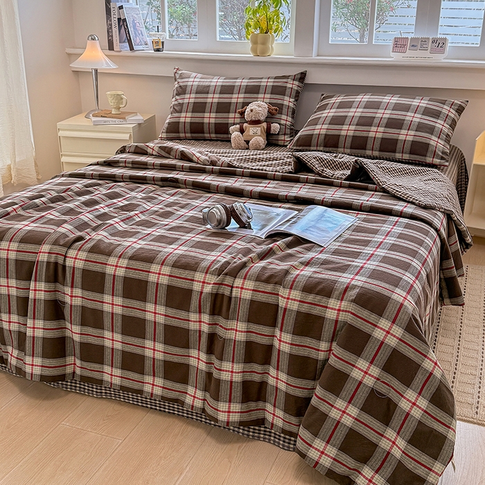 91家纺网 家纺一手货源 找家纺 梦依依 2026新款全棉色织水洗棉大豆被四件套系列 木槿咖