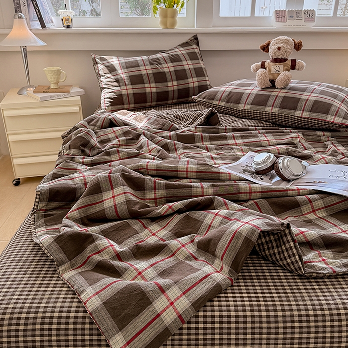 91家纺网 家纺一手货源 找家纺 梦依依 2026新款全棉色织水洗棉大豆被四件套系列 木槿咖