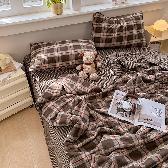 91家纺网 家纺一手货源 找家纺 梦依依 2026新款全棉色织水洗棉大豆被四件套系列 木槿咖