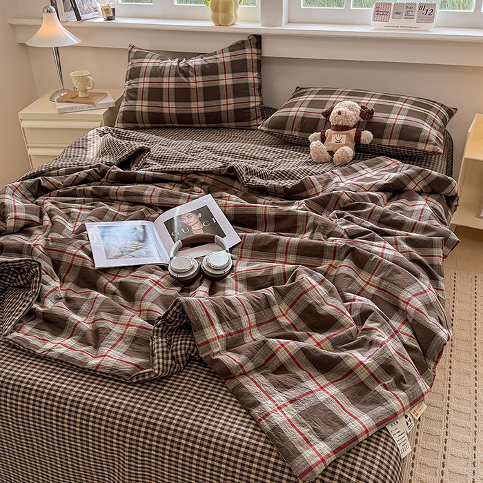 91家纺网 家纺一手货源 找家纺 梦依依 2026新款全棉色织水洗棉大豆被四件套系列 木槿咖