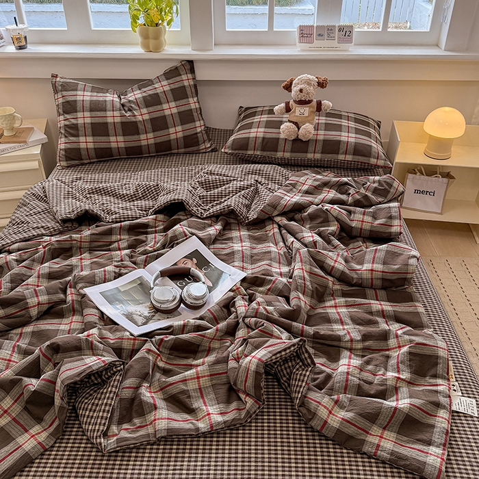 91家纺网 家纺一手货源 找家纺 梦依依 2026新款全棉色织水洗棉大豆被四件套系列 木槿咖