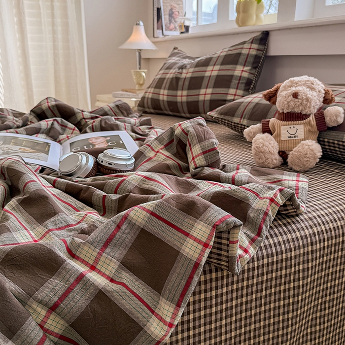 91家纺网 家纺一手货源 找家纺 梦依依 2026新款全棉色织水洗棉大豆被四件套系列 木槿咖