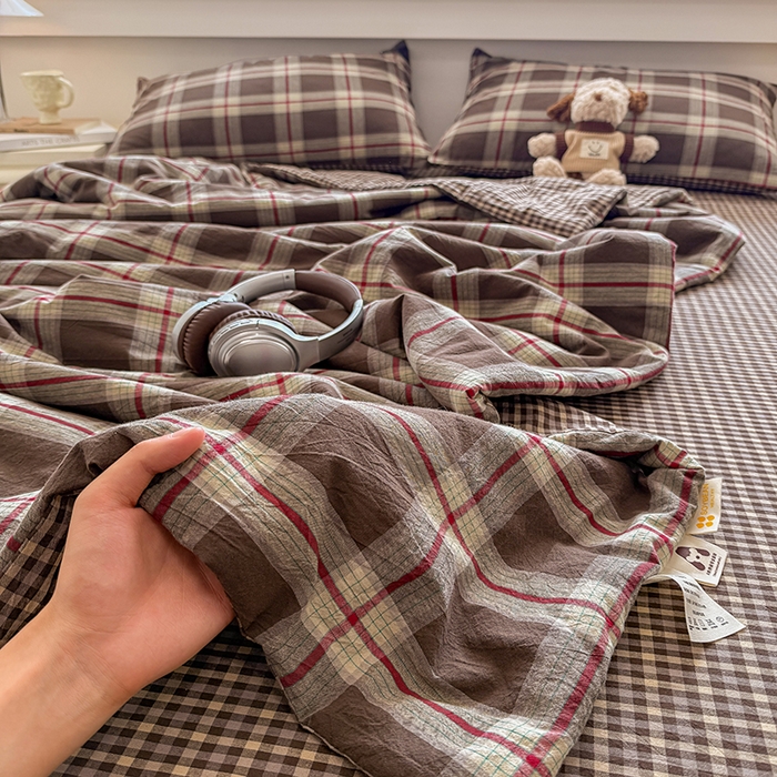 91家纺网 家纺一手货源 找家纺 梦依依 2026新款全棉色织水洗棉大豆被四件套系列 木槿咖