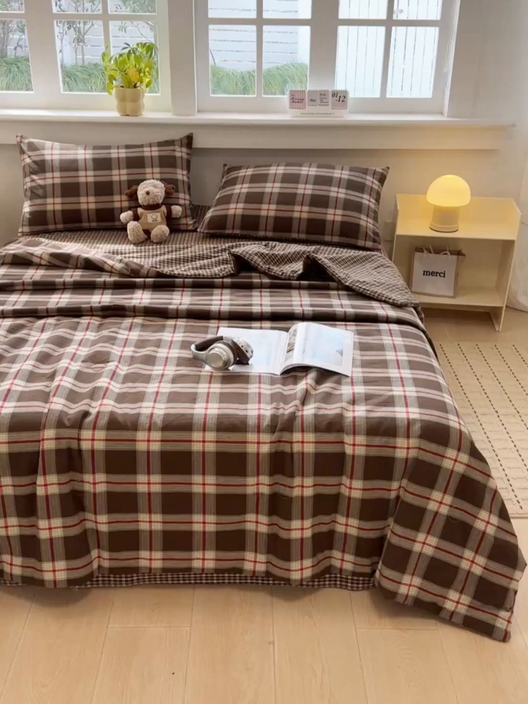 91家纺网 家纺一手货源 找家纺 梦依依 2026新款全棉色织水洗棉大豆被四件套系列 木槿咖