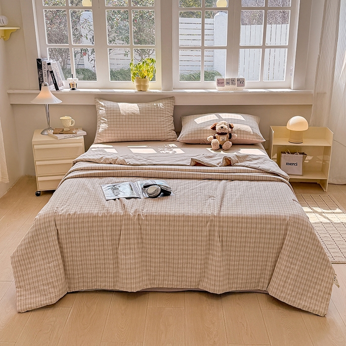 91家纺网 家纺一手货源 找家纺 梦依依 2026新款全棉色织水洗棉大豆被四件套系列 柠檬卡其