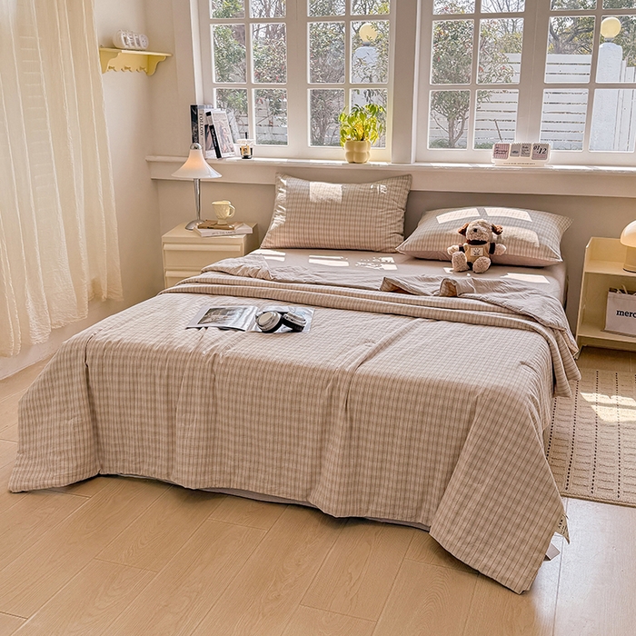 91家纺网 家纺一手货源 找家纺 梦依依 2026新款全棉色织水洗棉大豆被四件套系列 柠檬卡其