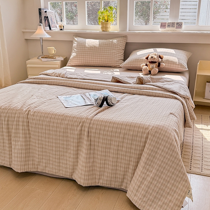 91家纺网 家纺一手货源 找家纺 梦依依 2026新款全棉色织水洗棉大豆被四件套系列 柠檬卡其