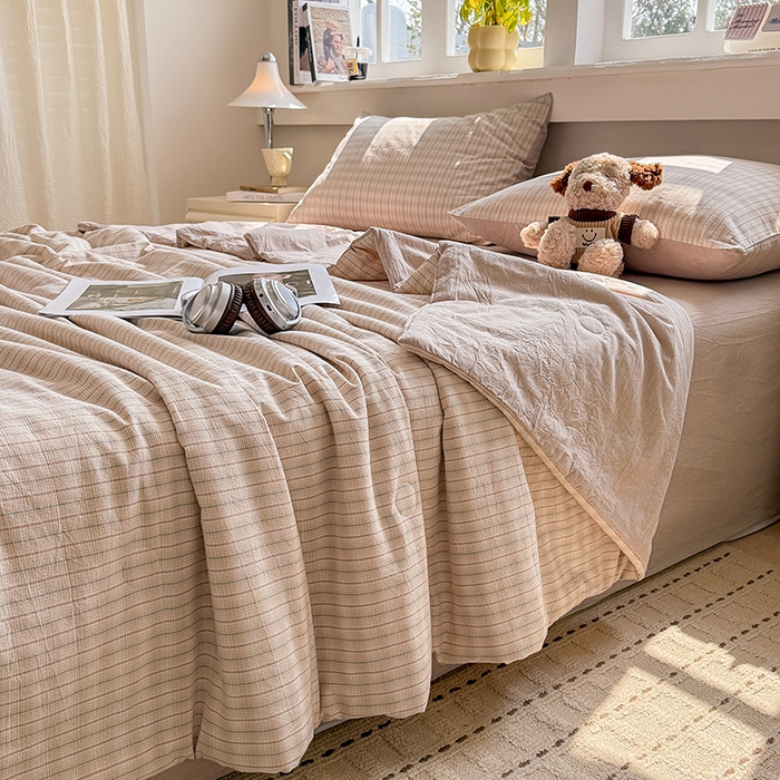 91家纺网 家纺一手货源 找家纺 梦依依 2026新款全棉色织水洗棉大豆被四件套系列 柠檬卡其