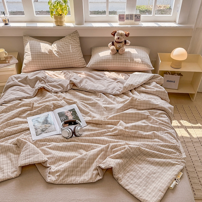 91家纺网 家纺一手货源 找家纺 梦依依 2026新款全棉色织水洗棉大豆被四件套系列 柠檬卡其