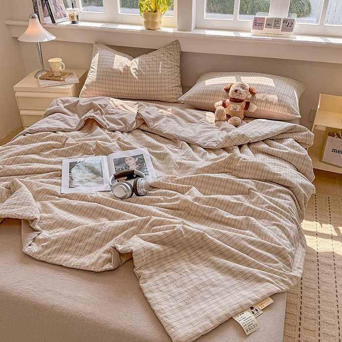 91家纺网 家纺一手货源 找家纺 梦依依 2026新款全棉色织水洗棉大豆被四件套系列 柠檬卡其