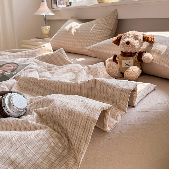 91家纺网 家纺一手货源 找家纺 梦依依 2026新款全棉色织水洗棉大豆被四件套系列 柠檬卡其