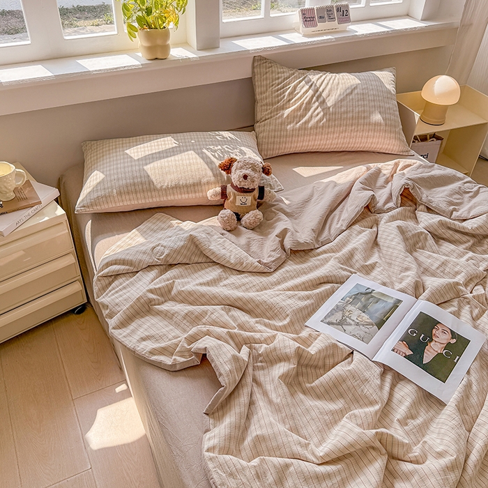 91家纺网 家纺一手货源 找家纺 梦依依 2026新款全棉色织水洗棉大豆被四件套系列 柠檬卡其