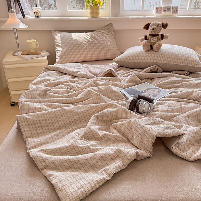 91家纺网 家纺一手货源 找家纺 梦依依 2026新款全棉色织水洗棉大豆被四件套系列 柠檬卡其