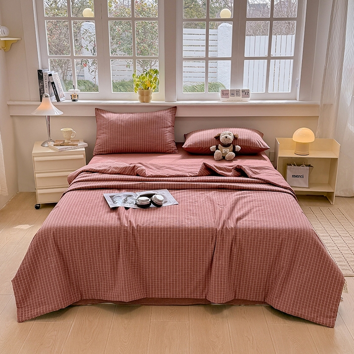 91家纺网 家纺一手货源 找家纺 梦依依 2026新款全棉色织水洗棉大豆被四件套系列 晚晴红