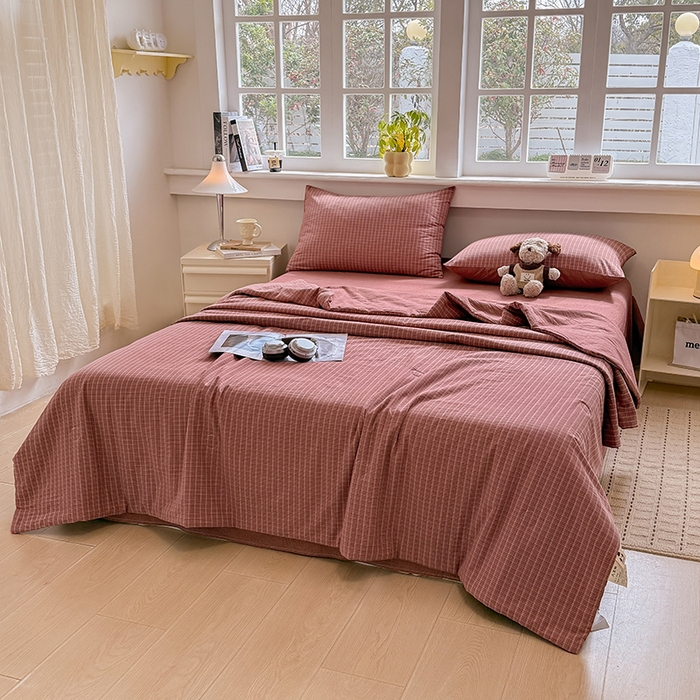 91家纺网 家纺一手货源 找家纺 梦依依 2026新款全棉色织水洗棉大豆被四件套系列 晚晴红