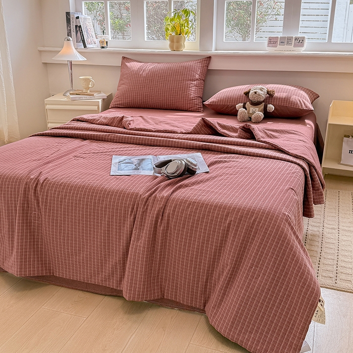 91家纺网 家纺一手货源 找家纺 梦依依 2026新款全棉色织水洗棉大豆被四件套系列 晚晴红