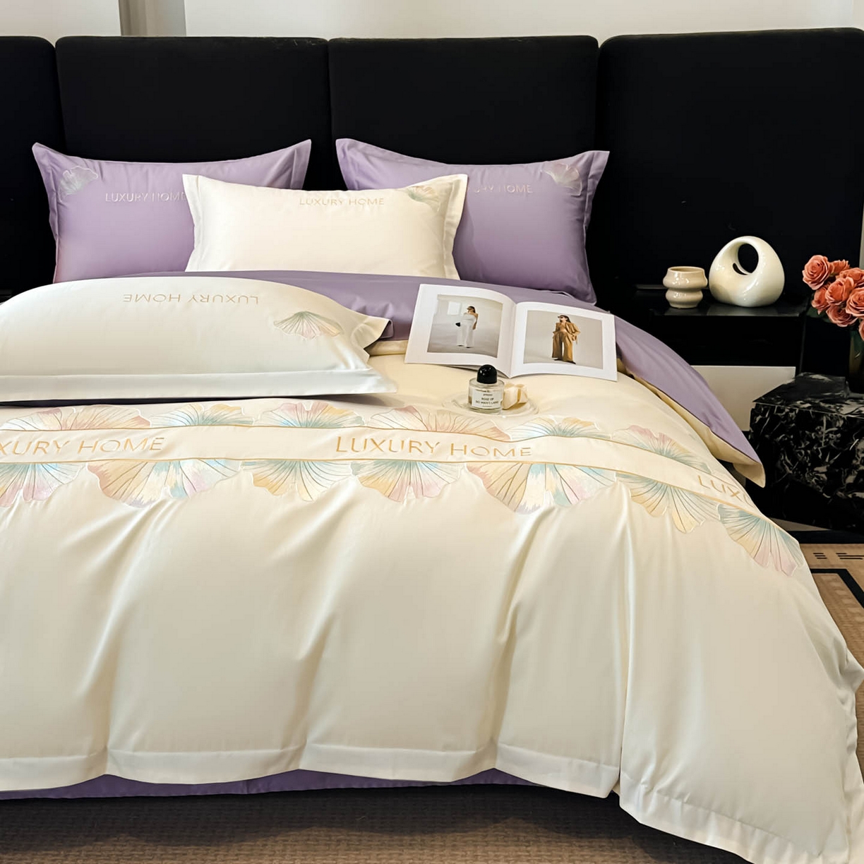 91家纺网 家纺一手货源 找家纺 犇牛仓储供应链 2026新款A类全棉刺绣四件套-花漾 花漾-云母白+梦幻紫