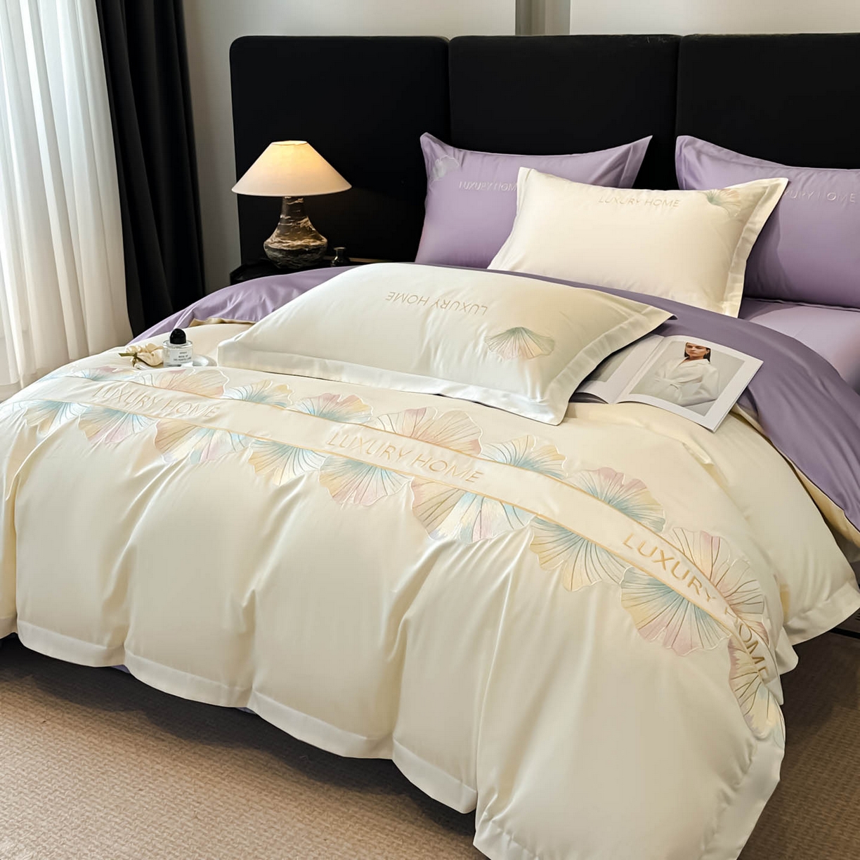 91家纺网 家纺一手货源 找家纺 犇牛仓储供应链 2026新款A类全棉刺绣四件套-花漾 花漾-云母白+梦幻紫