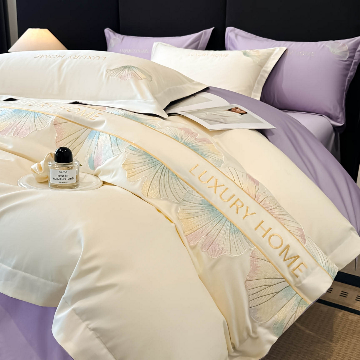 91家纺网 家纺一手货源 找家纺 犇牛仓储供应链 2026新款A类全棉刺绣四件套-花漾 花漾-云母白+梦幻紫