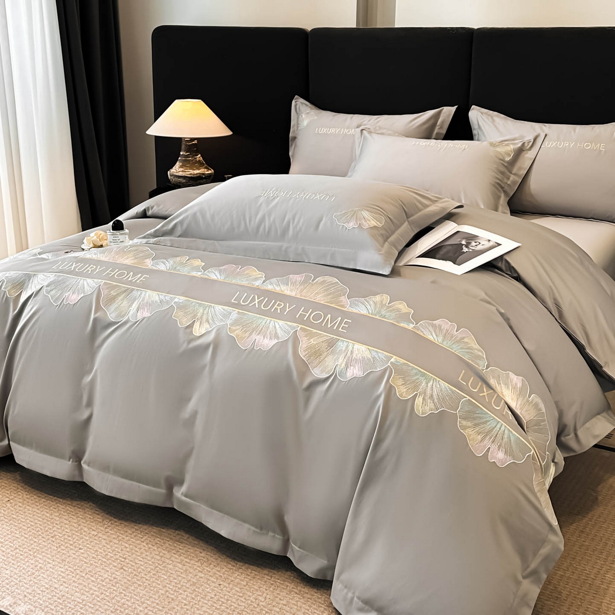 91家纺网 家纺一手货源 找家纺 犇牛仓储供应链 2026新款A类全棉刺绣四件套-花漾 花漾-星辰灰