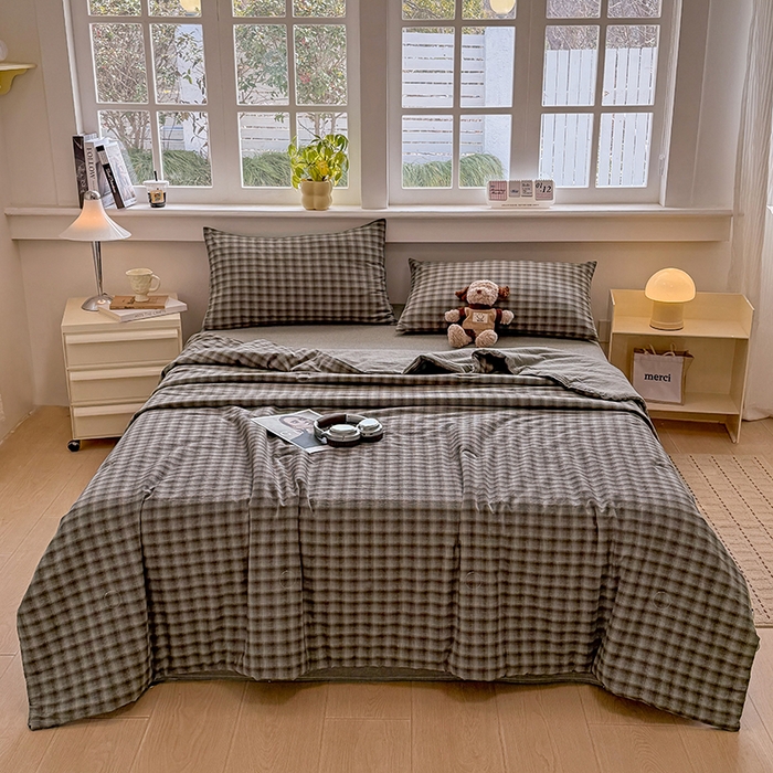 91家纺网 家纺一手货源 找家纺 梦依依 2026新款全棉色织水洗棉大豆被四件套系列 云岫兰咖