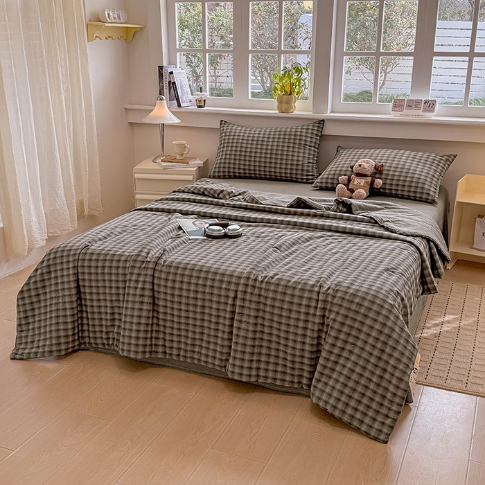 91家纺网 家纺一手货源 找家纺 梦依依 2026新款全棉色织水洗棉大豆被四件套系列 云岫兰咖