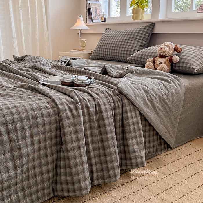 91家纺网 家纺一手货源 找家纺 梦依依 2026新款全棉色织水洗棉大豆被四件套系列 云岫兰咖