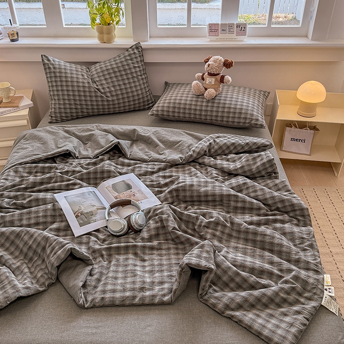 91家纺网 家纺一手货源 找家纺 梦依依 2026新款全棉色织水洗棉大豆被四件套系列 云岫兰咖