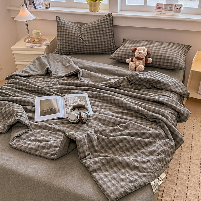 91家纺网 家纺一手货源 找家纺 梦依依 2026新款全棉色织水洗棉大豆被四件套系列 云岫兰咖