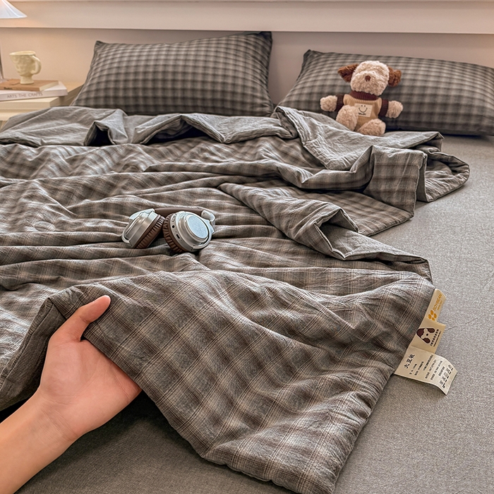 91家纺网 家纺一手货源 找家纺 梦依依 2026新款全棉色织水洗棉大豆被四件套系列 云岫兰咖