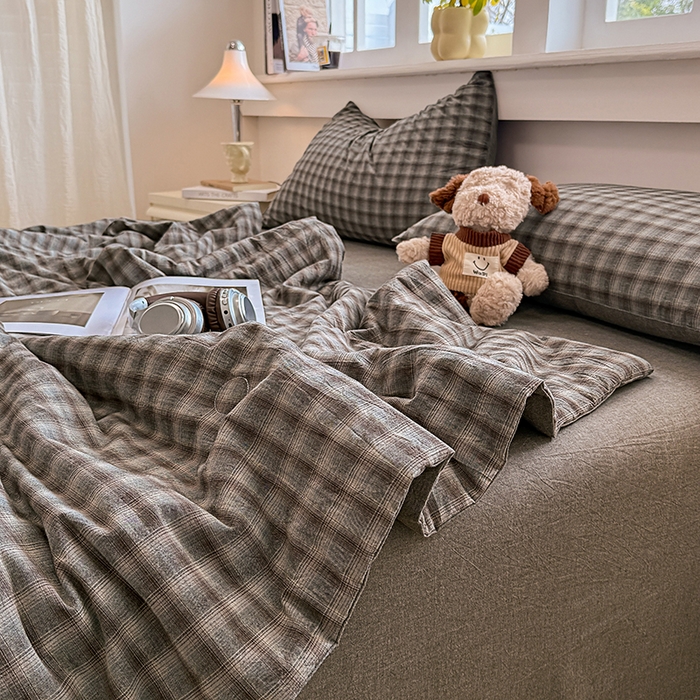 91家纺网 家纺一手货源 找家纺 梦依依 2026新款全棉色织水洗棉大豆被四件套系列 云岫兰咖