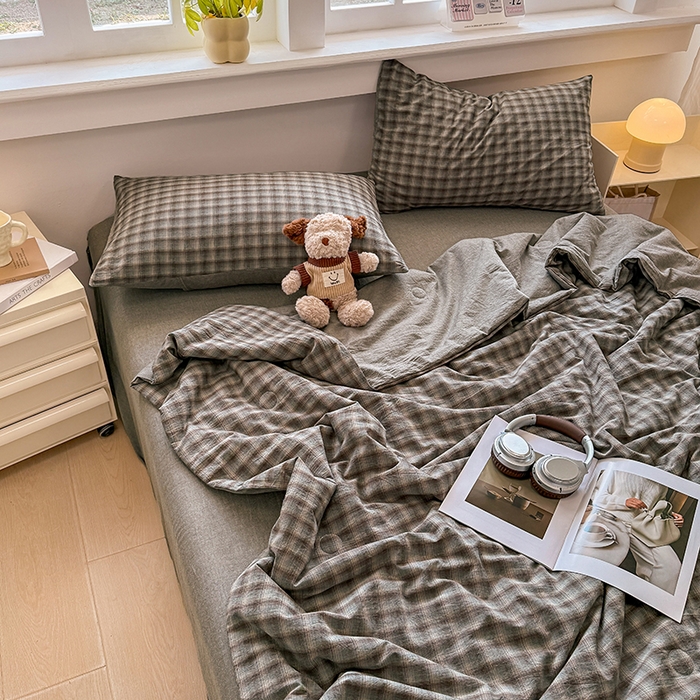 91家纺网 家纺一手货源 找家纺 梦依依 2026新款全棉色织水洗棉大豆被四件套系列 云岫兰咖