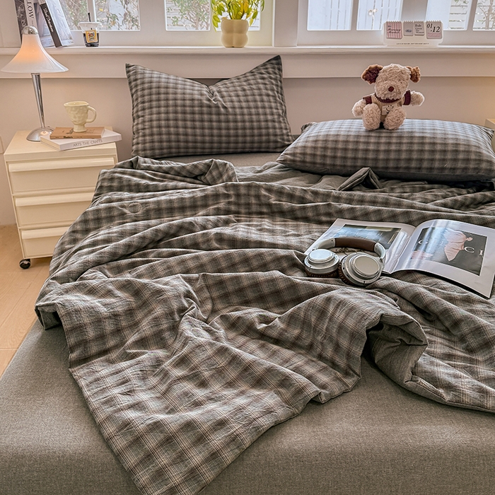 91家纺网 家纺一手货源 找家纺 梦依依 2026新款全棉色织水洗棉大豆被四件套系列 云岫兰咖