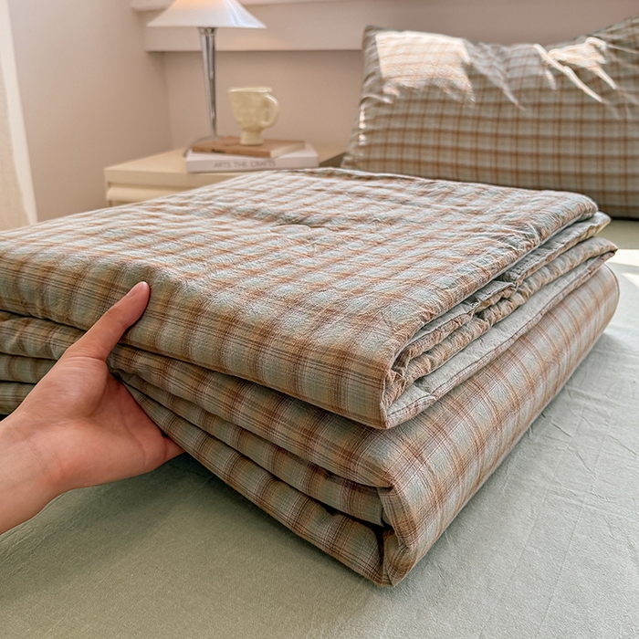 梦依依 2026新款全棉色织水洗棉大豆被四件套系列 云岫绿咖