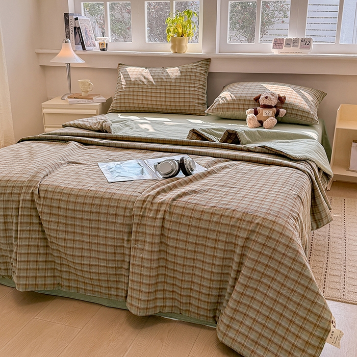 91家纺网 家纺一手货源 找家纺 梦依依 2026新款全棉色织水洗棉大豆被四件套系列 云岫绿咖