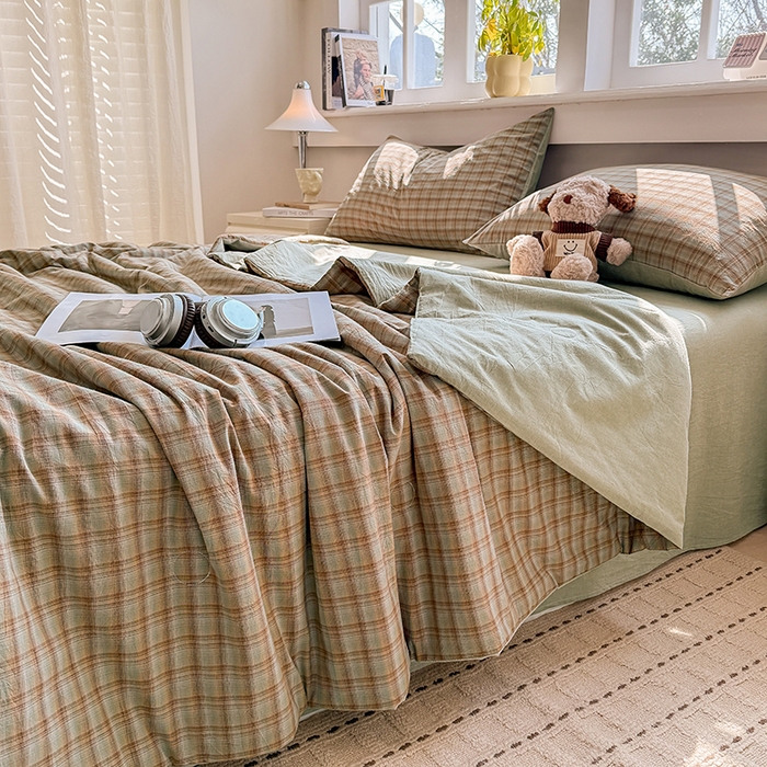 91家纺网 家纺一手货源 找家纺 梦依依 2026新款全棉色织水洗棉大豆被四件套系列 云岫绿咖