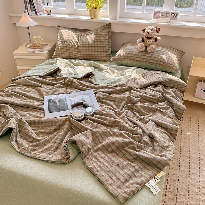 91家纺网 家纺一手货源 找家纺 梦依依 2026新款全棉色织水洗棉大豆被四件套系列 云岫绿咖