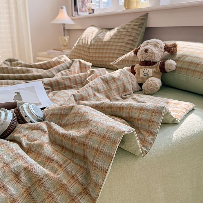 91家纺网 家纺一手货源 找家纺 梦依依 2026新款全棉色织水洗棉大豆被四件套系列 云岫绿咖