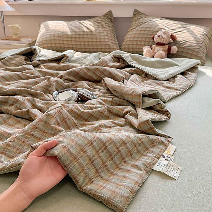 91家纺网 家纺一手货源 找家纺 梦依依 2026新款全棉色织水洗棉大豆被四件套系列 云岫绿咖