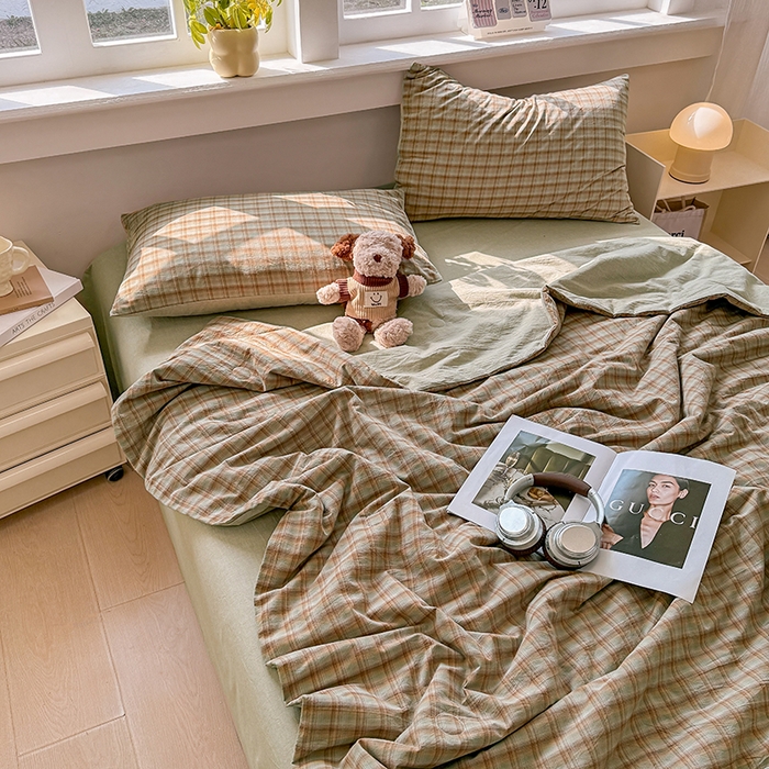 91家纺网 家纺一手货源 找家纺 梦依依 2026新款全棉色织水洗棉大豆被四件套系列 云岫绿咖