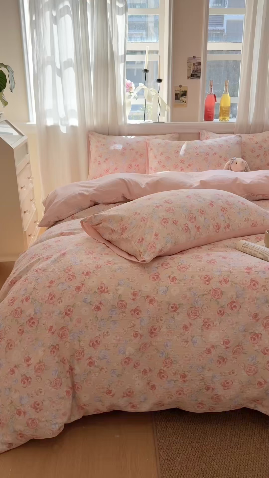 91家纺网 家纺一手货源 找家纺 鑫佳居 2026新款水洗针织提花双层纱四件套 十里桃花_粉