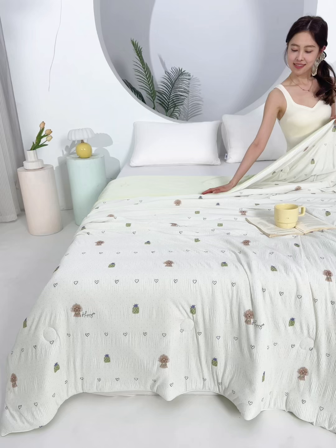 91家纺网 家纺一手货源 找家纺 天之悦家纺 2026新款网销跨境直播热款法式小香风皱皱纱冷感被夏被夏凉被空调被 菠萝狗