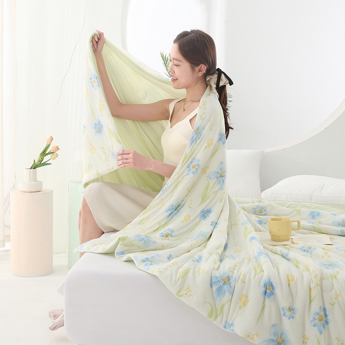 91家纺网 家纺一手货源 找家纺 天之悦家纺 2026新款网销跨境直播热款法式小香风皱皱纱冷感被夏被夏凉被空调被 情叶绿