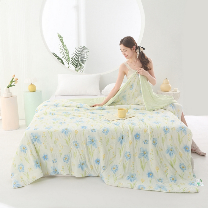 91家纺网 家纺一手货源 找家纺 天之悦家纺 2026新款网销跨境直播热款法式小香风皱皱纱冷感被夏被夏凉被空调被 情叶绿