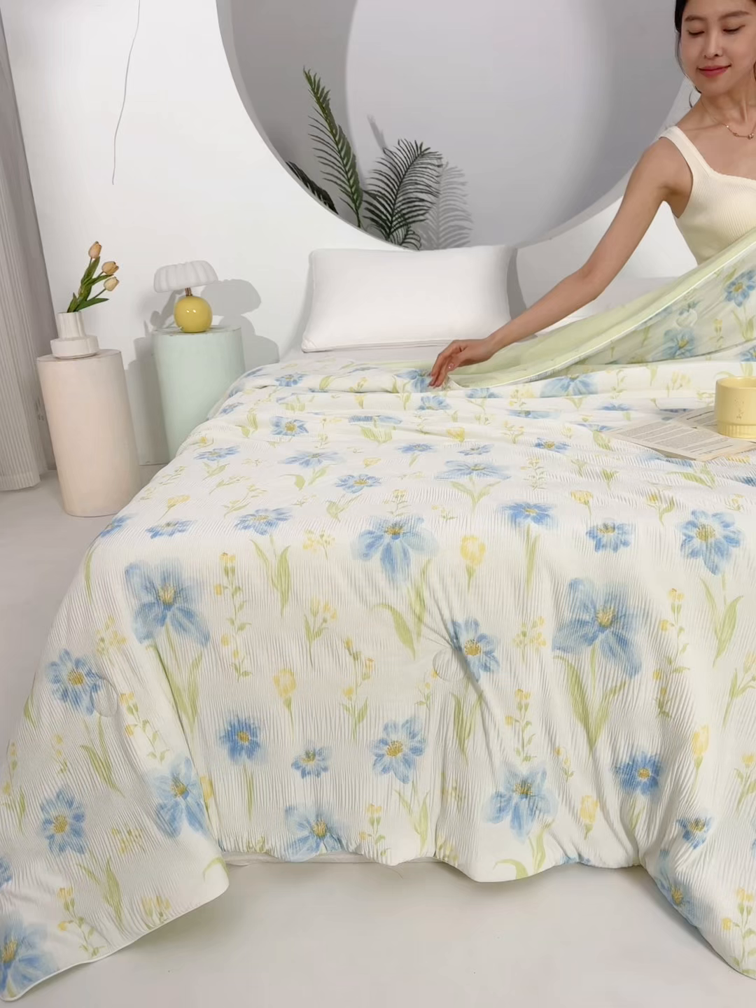 91家纺网 家纺一手货源 找家纺 天之悦家纺 2026新款网销跨境直播热款法式小香风皱皱纱冷感被夏被夏凉被空调被 情叶绿